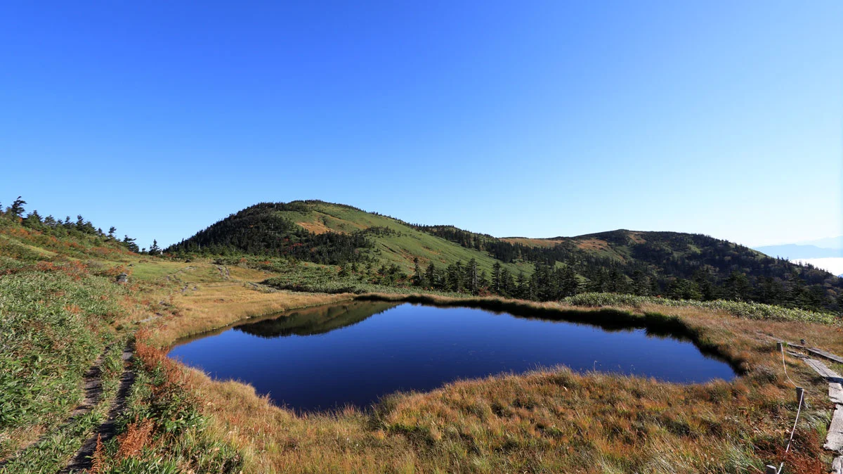 正面に会津駒ヶ岳の山頂