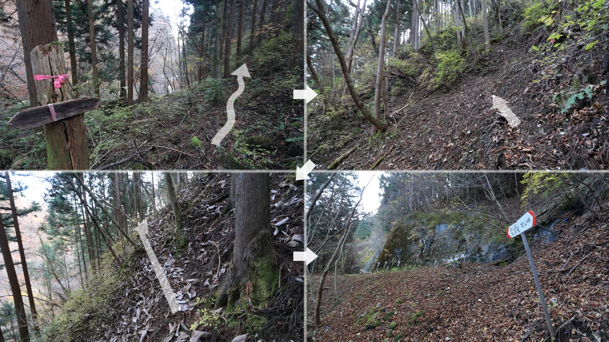 細くて足元の緩い急斜面の道