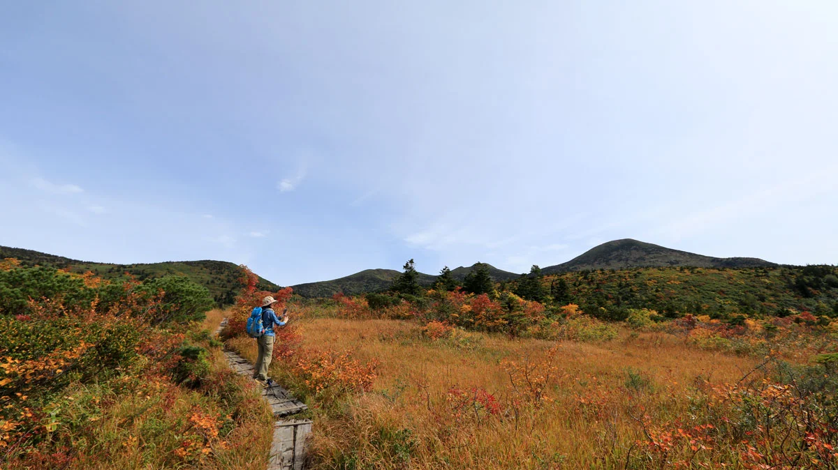 立ち止まって写真撮影する登山者