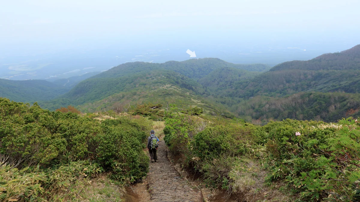 中の大倉尾根の遠くにゴンドラ乗り場