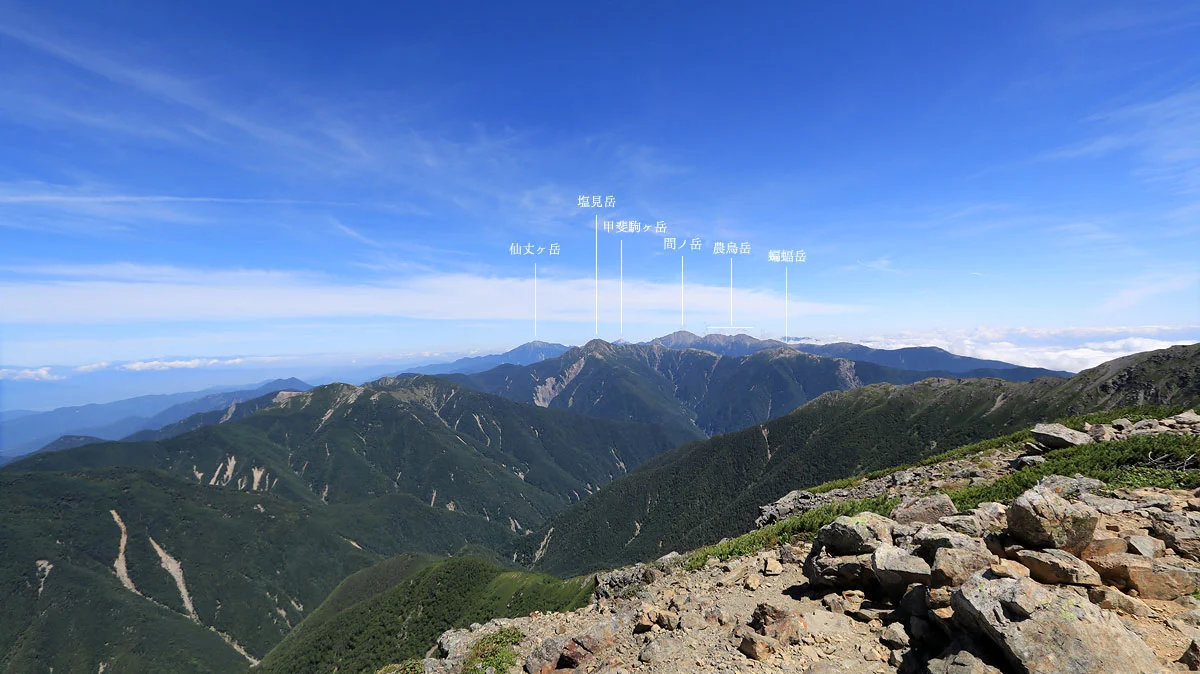 中岳からみた塩見岳など南アルプス北部の山々